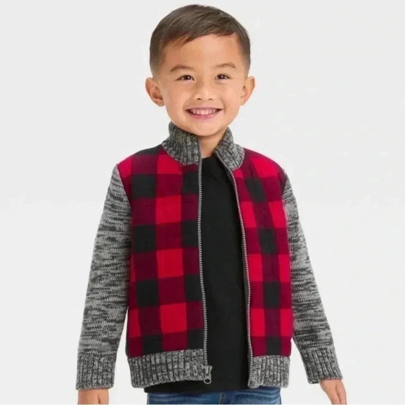 NWT Cat & Jack Buffalo Plaid Sweater Zip Front - Picture 1 of 3
